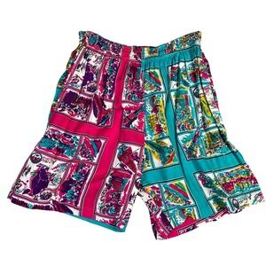 Faith NYC Map Print Shorts M Pink Teal Sequins Embellished Elastic Waist